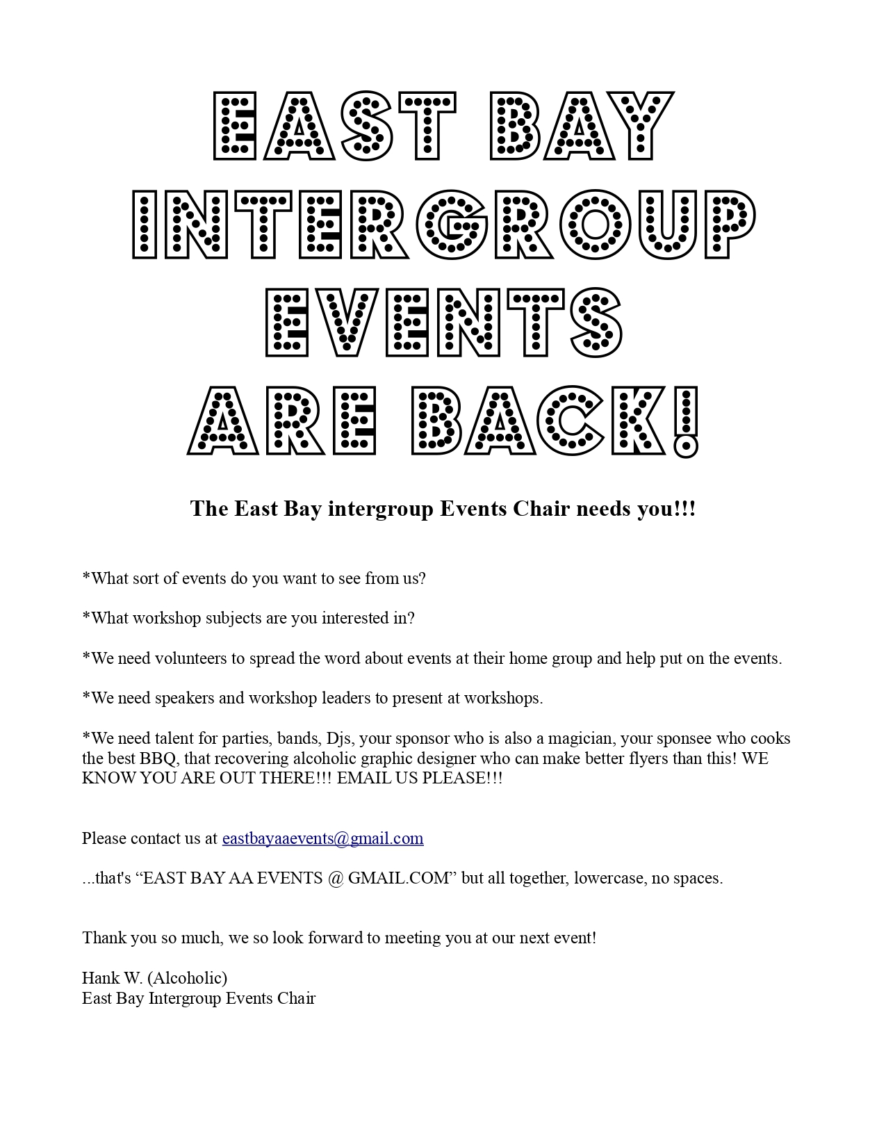 East Bay Intergroup Special Events Chair needs you! - East Bay