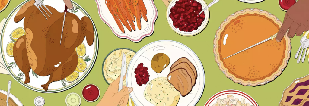 Illustration of a table filled with Thanksgiving foods with a green background. Several hands of different races are serving food